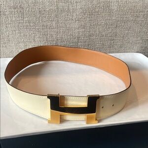 Hermes large H buckle belt cream and gold 78